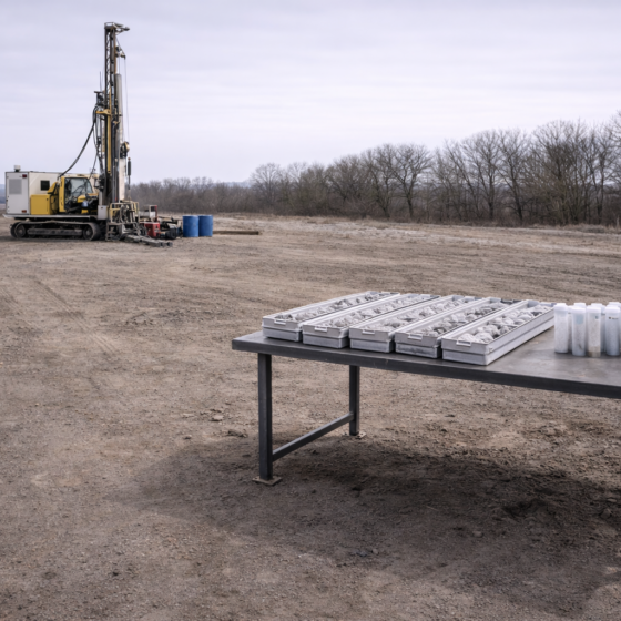 Early-stage lithium exploration drilling rig with unlabeled core sample trays in winter daylight, no text