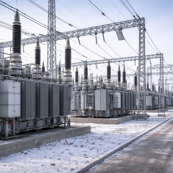 High-voltage cross-border interconnector substation yard in winter daylight, unbranded infrastructure, no text