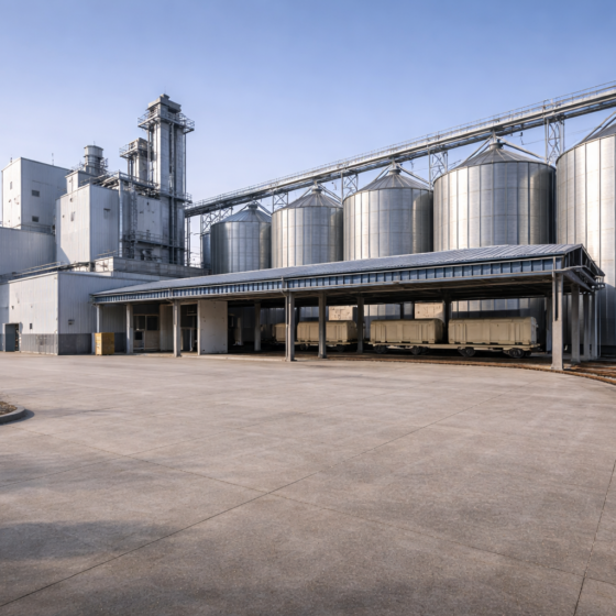 Modern Ukrainian agro-processing facility near rail loading with silos and clean concrete yard, no text