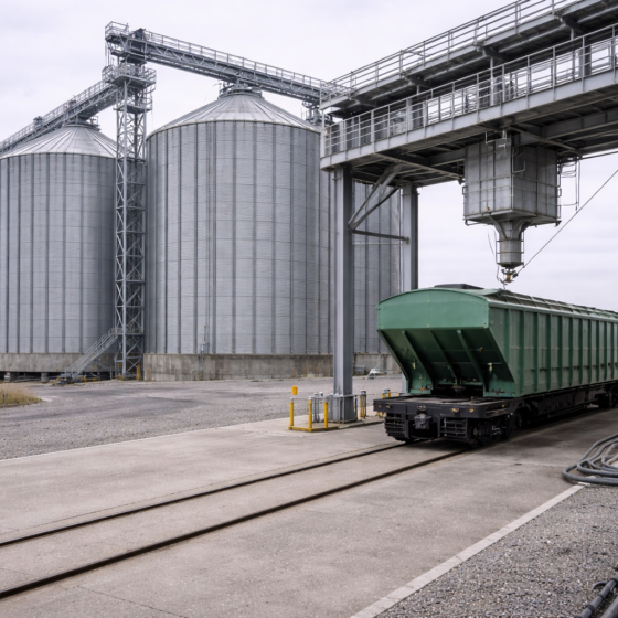 Modern Ukrainian grain export terminal with silos and rail loading area, winter daylight, no text