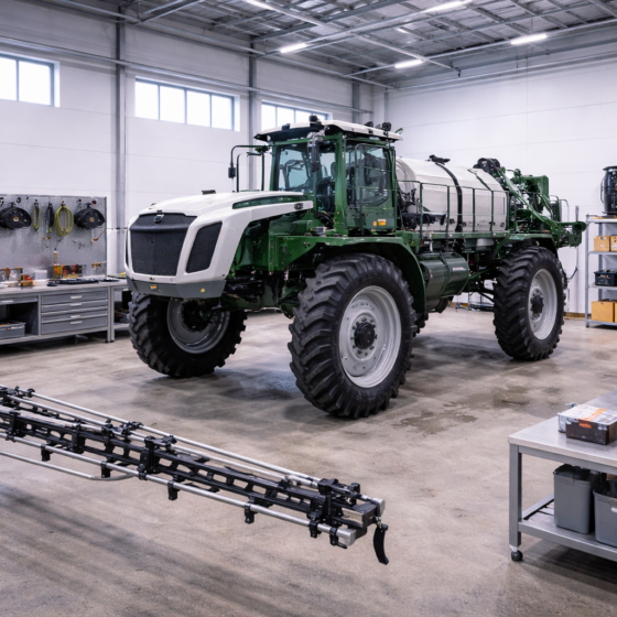 Agricultural service hangar with an unbranded crop sprayer being calibrated, clean dry floor, no text