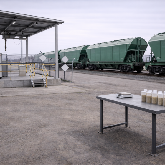 Grain export inspection point with sealed rail wagons in winter daylight, no text