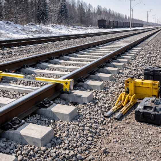 New European-gauge railway track section near Lviv in winter daylight, documentary style, no text