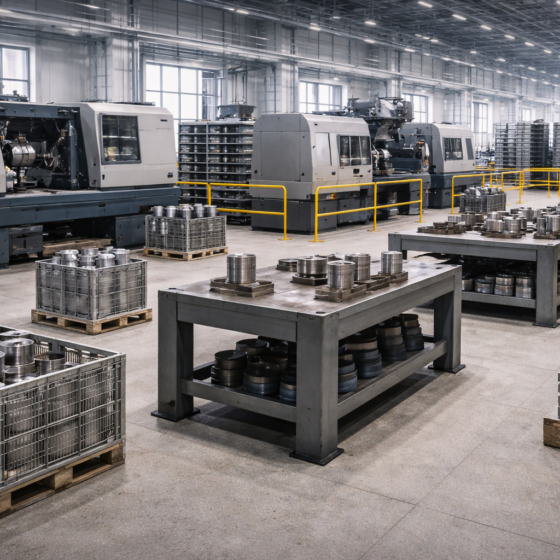 Clean defense-industrial metalworking hall with unbranded steel components under winter daylight, no text