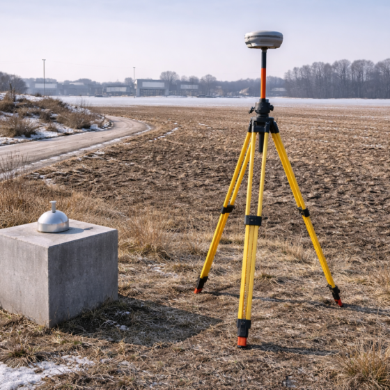 GNSS surveying tripod next to a geodetic benchmark marker in winter daylight, no logos, no readable text