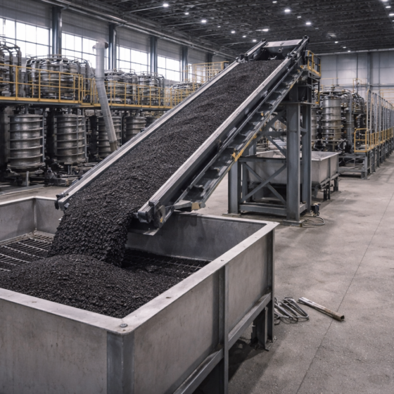 Clean titanium ore processing facility interior with conveyor and ilmenite concentrate, winter daylight, no text