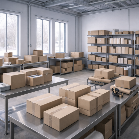 Small sole proprietor packing workspace in Ukraine with unbranded boxes and organized shelves, no text