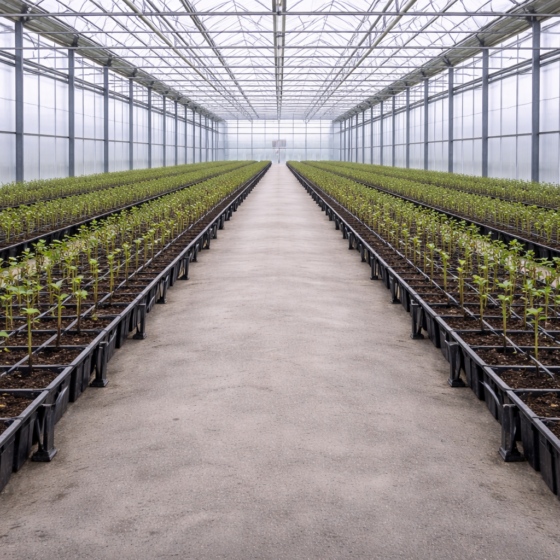 Modern greenhouse corridor with young fruit seedlings and neat irrigation lines, winter daylight, no text