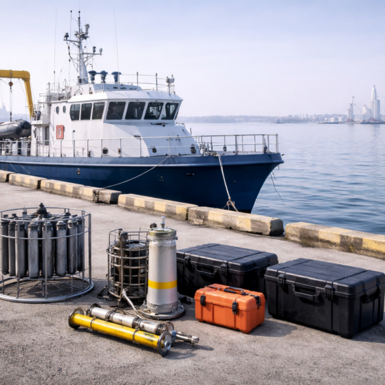 Unbranded oceanographic research vessel at a clean Black Sea port in winter daylight in Ukraine, no text