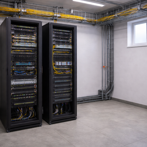 Clean regional data center network room with server racks and cable trays, winter daylight, no text
