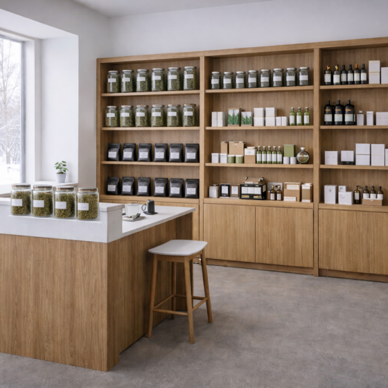 Minimalist boutique pharmacy interior in Kyiv with neutral packaging and blank labels, no text