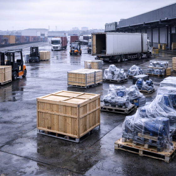 Winter daylight Ukrainian manufacturing loading dock with export-ready crates and containers, no text, no logos