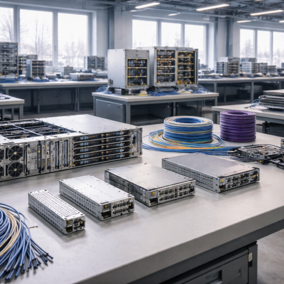Industrial electronics workshop with modular unbranded rack chassis and cable harnesses symbolizing data availability infrastructure, no text