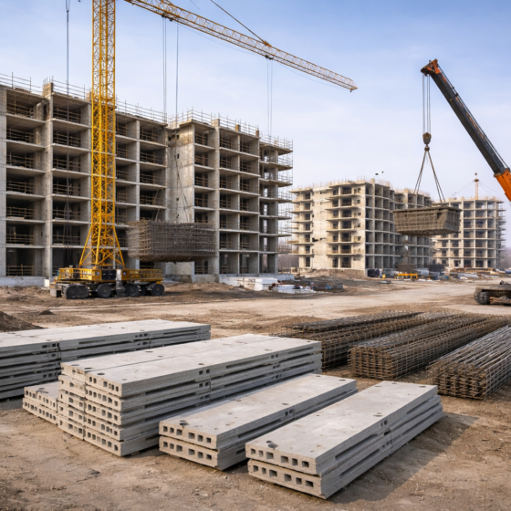 Dry winter residential construction site in Mykolaiv with cranes and mid-rise buildings under construction, no text