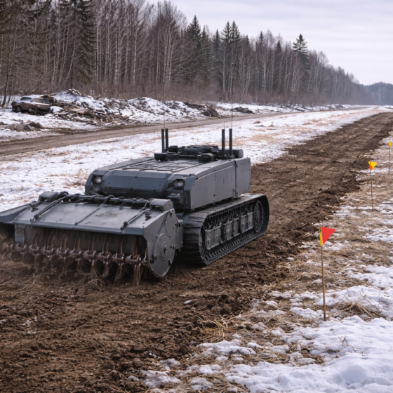 Remote demining vehicle clearing a controlled lane on a winter field in Ukraine, no text