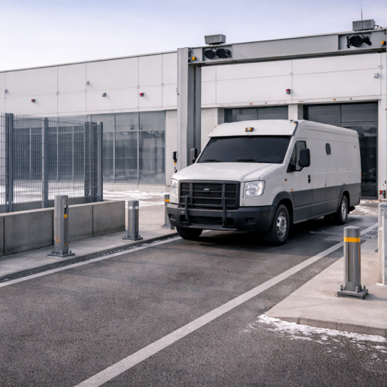 Secure central bank cash operations yard with an unbranded armored van passing a controlled gate, dry winter daylight, no text