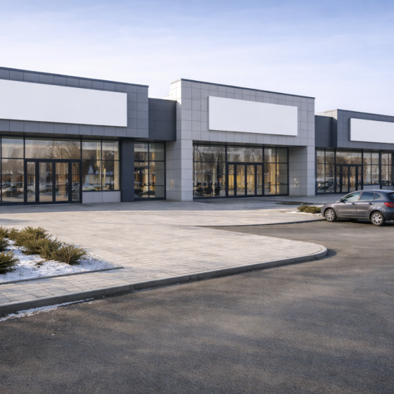 Exterior of a modern Ukrainian retail park shopping center with clean plaza in winter daylight, no logos, no flags, no readable text