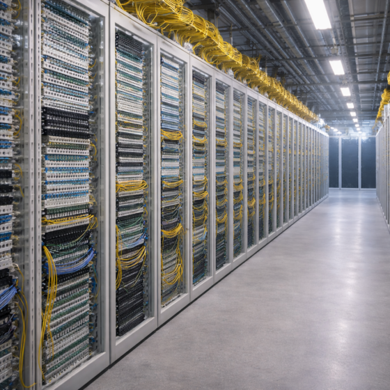 Neutral colocation data center corridor with dense fiber cross-connect frames symbolizing omnichain routing, no text