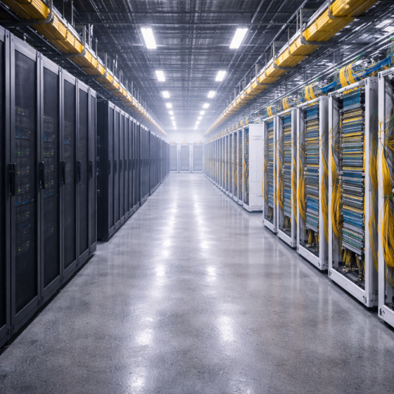 Neutral colocation data center corridor with server racks and dense fiber cross-connect frames, no text