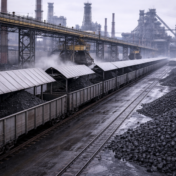 Winter daylight view of a Ukrainian steelworks coke receiving yard with rail wagons and conveyors, no text, no logos