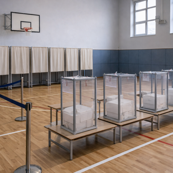 Empty polling station setup with transparent ballot boxes and voting booths in a Ukrainian municipal gym, winter daylight, no text