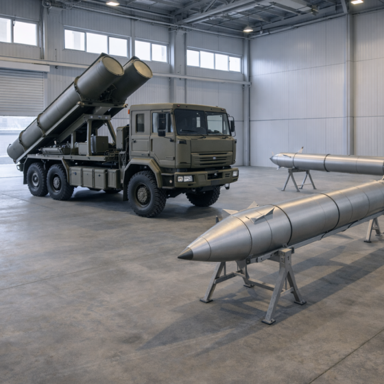 Unbranded truck-mounted launcher and neutral missile components in a secure industrial bay in Ukraine, no text
