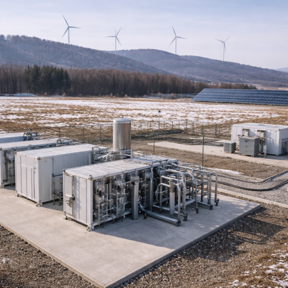 Renewable hydrogen pilot site near Carpathian foothills with electrolyzer modules and distant wind turbines, no text