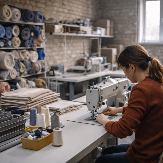 Women-led microbusiness workshop in Ukraine with small scale production equipment, no text