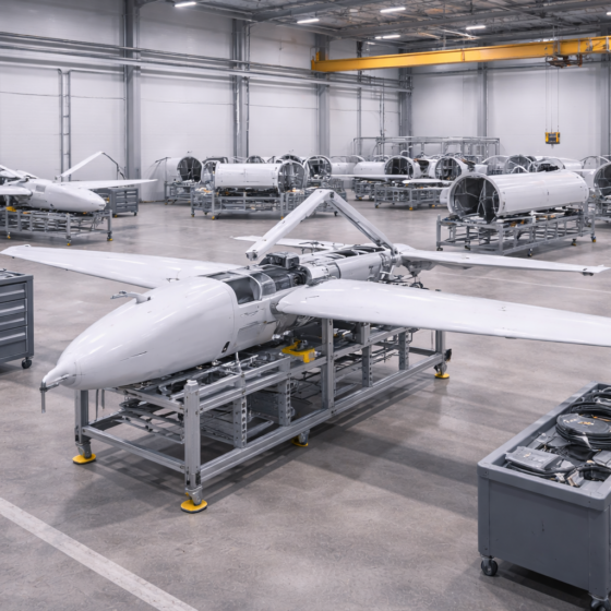 Clean industrial drone assembly hall with unbranded airframes on metal jigs in winter daylight, no text