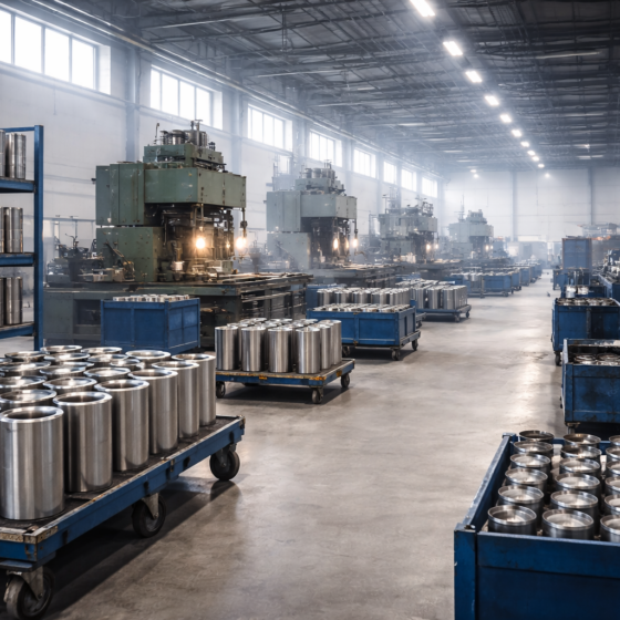 Secure heavy-industry workshop producing unbranded ammunition components in winter daylight, no flags, no text