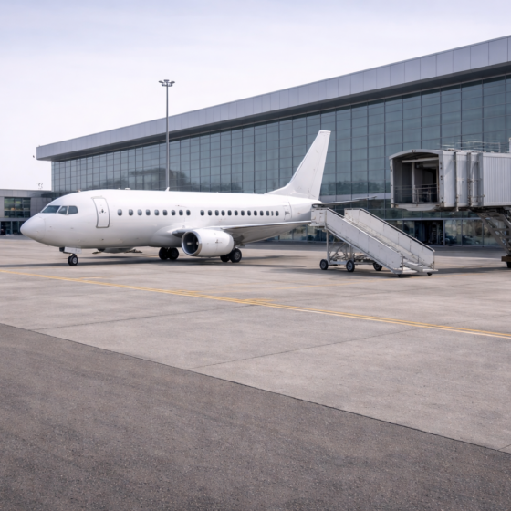 Unbranded passenger aircraft parked at a quiet airport apron in winter daylight, no text