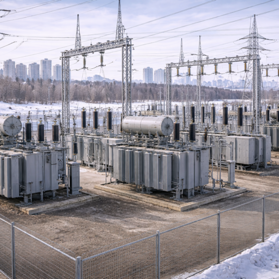 Upgraded high voltage substation infrastructure in winter daylight in Ukraine, no text
