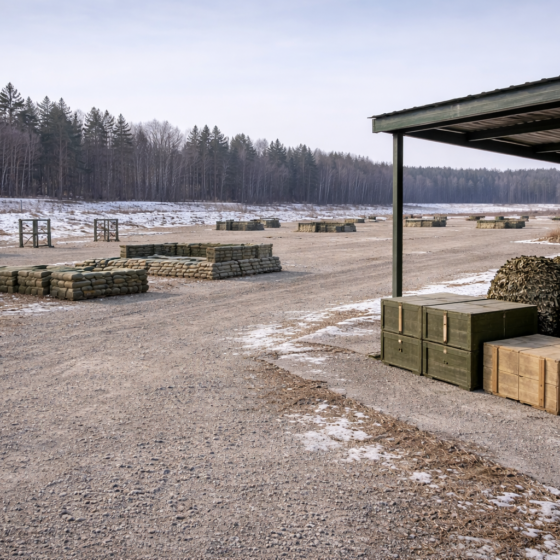 Empty winter military training range in Ukraine with unbranded obstacles and equipment staging area, no text