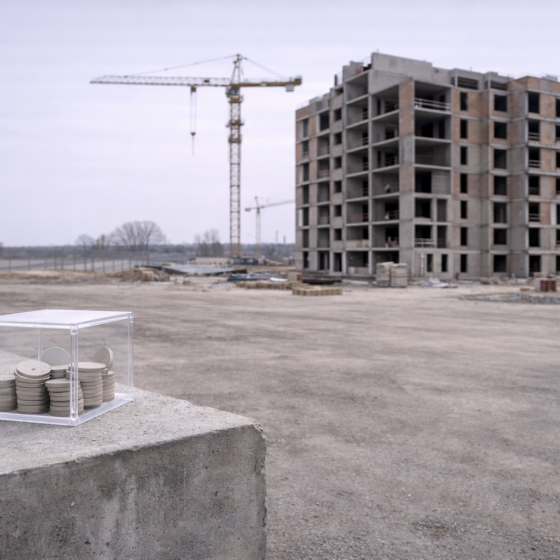 Residential construction site with blank metal token discs in a clear case, winter daylight, no text