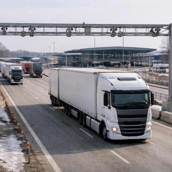 International freight trucks on a Ukrainian border freight corridor in winter daylight, no text