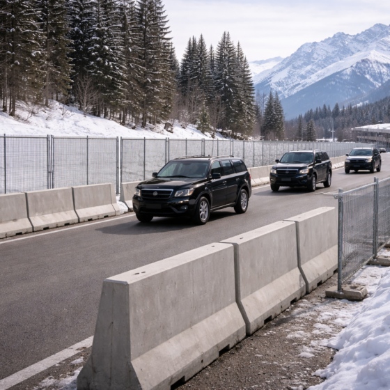 Secure alpine perimeter outside an international forum venue with unbranded motorcade in winter daylight, no text