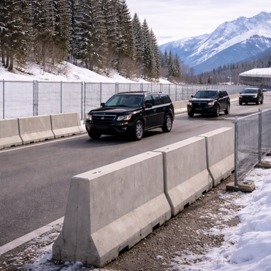 Secure alpine perimeter outside an international forum venue with unbranded motorcade in winter daylight, no text