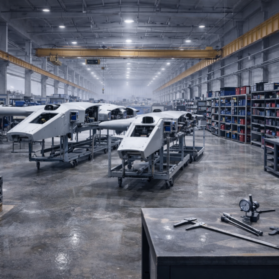 Defense tech manufacturing hall in Ukraine with unmanned airframe components on assembly jigs, no text