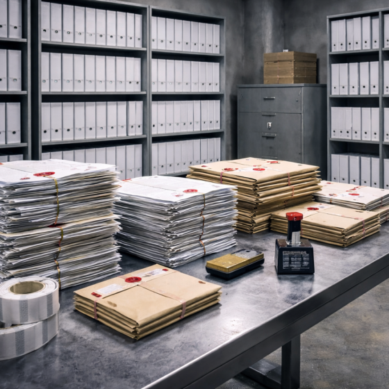 Industrial compliance room with binders and stamped documents, no text, no logos, no flags
