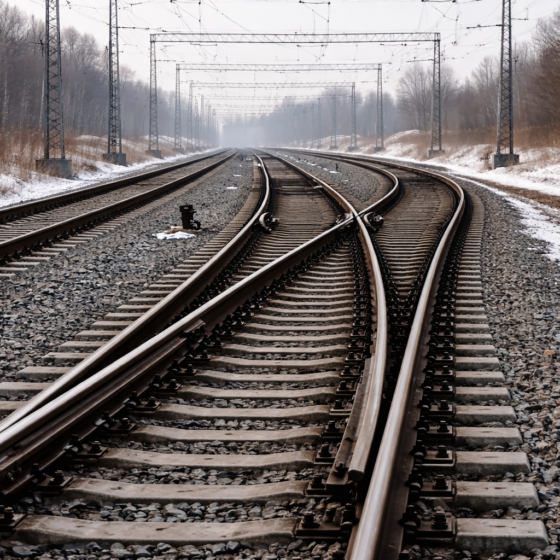 Winter rail junction where three tracks split, symbolic of alternative scenarios, no text