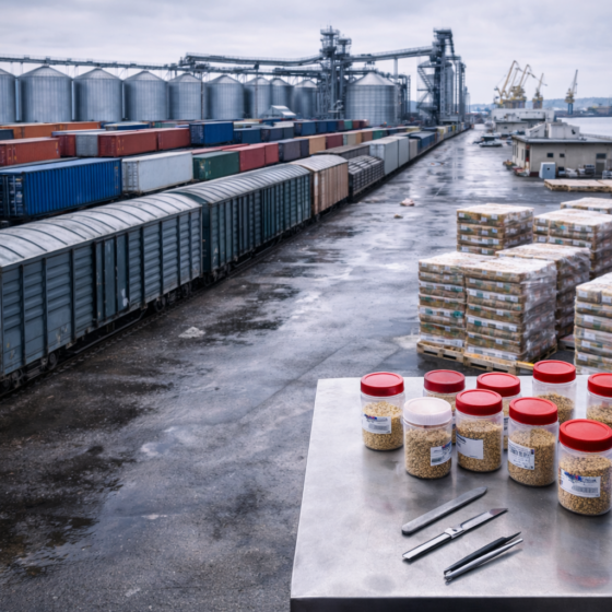 Ukrainian agri export logistics hub with grain terminal and inspection area, no text, no logos, no flags