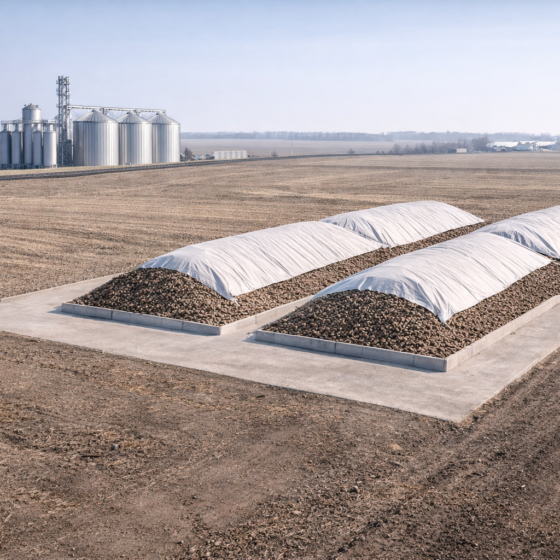 Dry winter farmland near central western Ukraine with grain elevator and covered sugar beet storage, documentary style