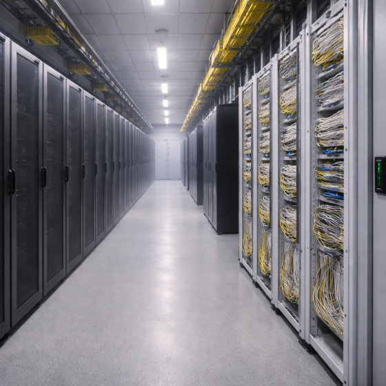Secure data center corridor with server racks and fiber cross-connect frames, no text