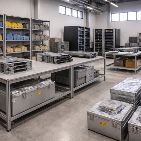 Dry industrial IT workshop in Ukraine with unbranded server chassis and cable bundles prepared for secure decommissioning, no text