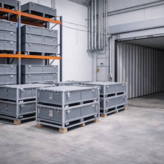 Clean Ukrainian logistics warehouse with unbranded industrial battery modules ready for distribution, winter daylight, no text