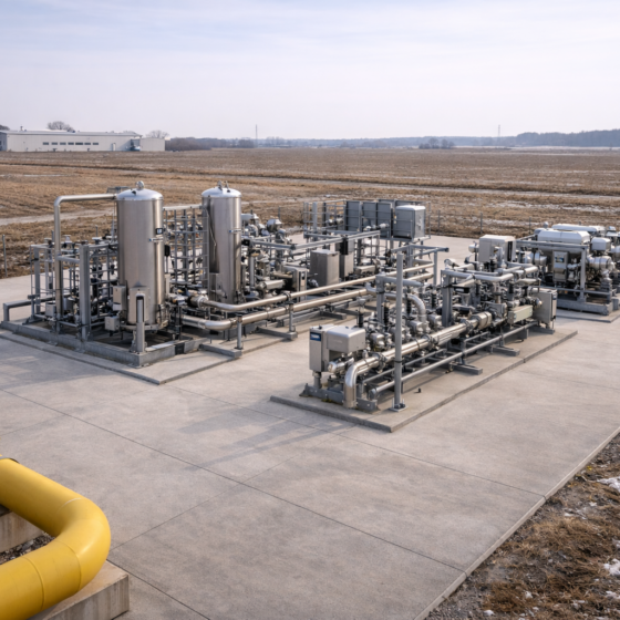 Biomethane upgrading and gas injection station with stainless pipelines and metering equipment in rural Ukraine, no text