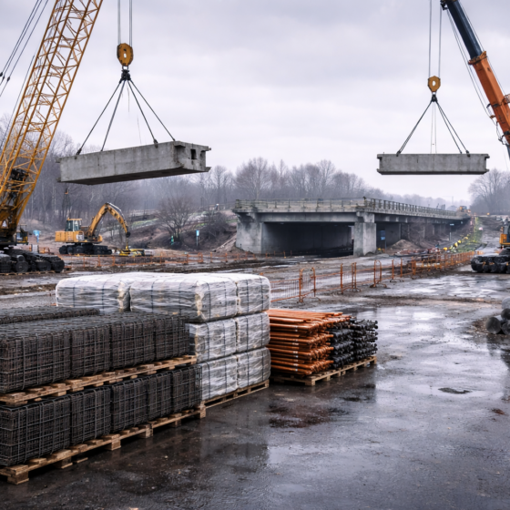 Ukrainian reconstruction site with cranes and infrastructure works, no text, no logos