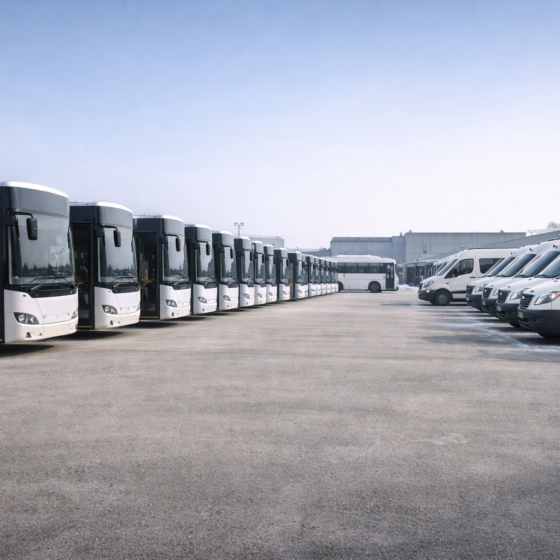 Rows of unbranded city buses in a winter daylight depot yard, clean dry surfaces, no text