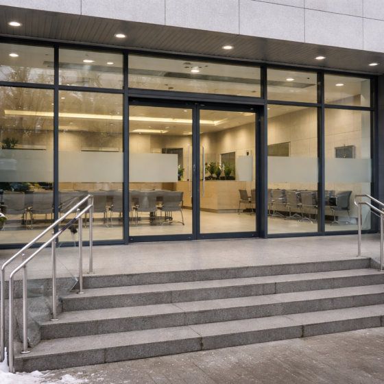 Winter daylight view of a modern public business support lobby with glass partitions and empty chairs, no text