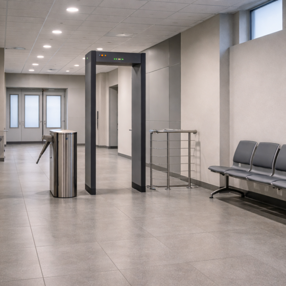 Modern public administration building corridor with turnstile and empty waiting chairs, no text